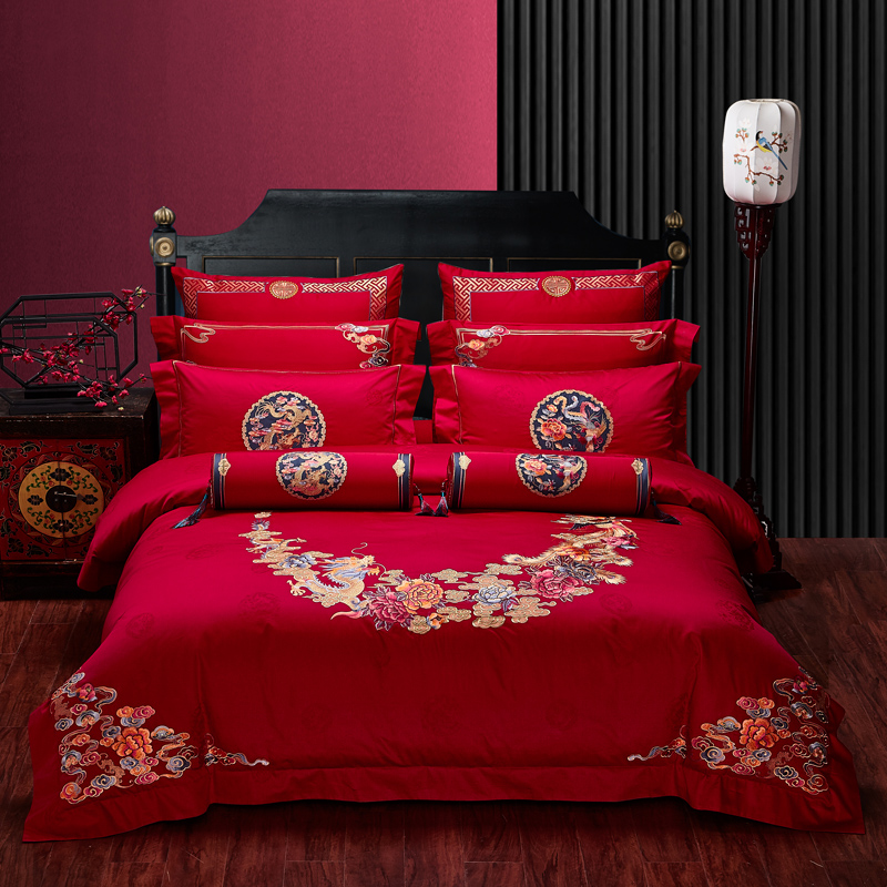 中式全棉刺绣龙凤婚庆四件套大红色结婚喜被十件套高端床上用品