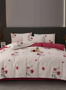 全棉结婚床单四件套婚庆纯棉床上用品亲肤新房被套红色可爱简约款