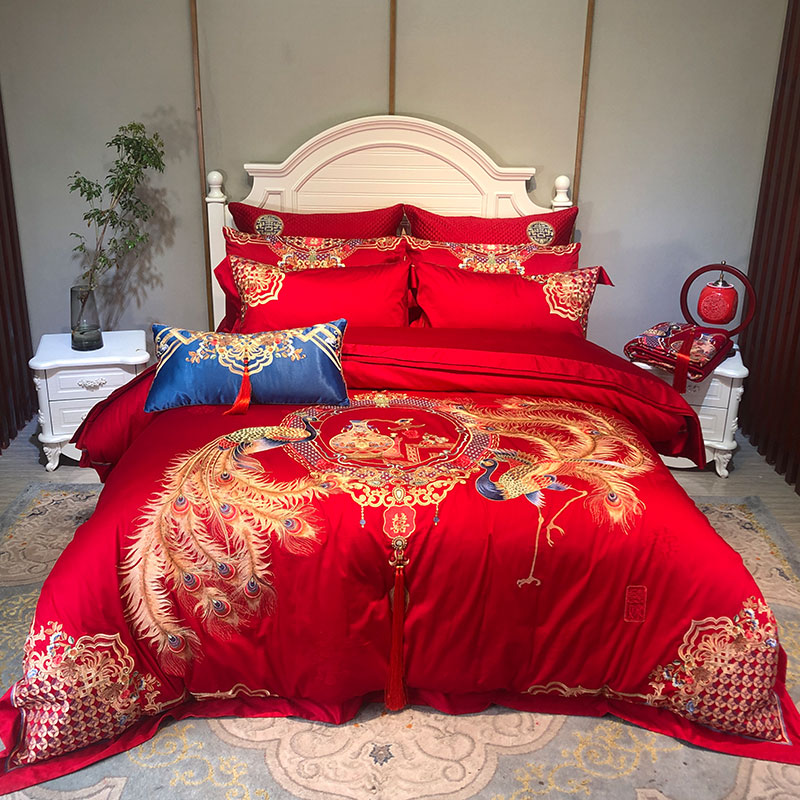 高档纯棉结婚床上用品四件套 大红刺绣花婚庆喜被床单被套十件套