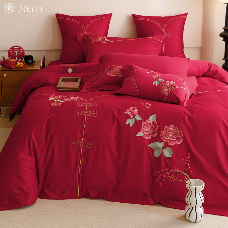 高级感全棉100S结婚床单四件套喜庆婚房纯棉大红色喜被套床上用品