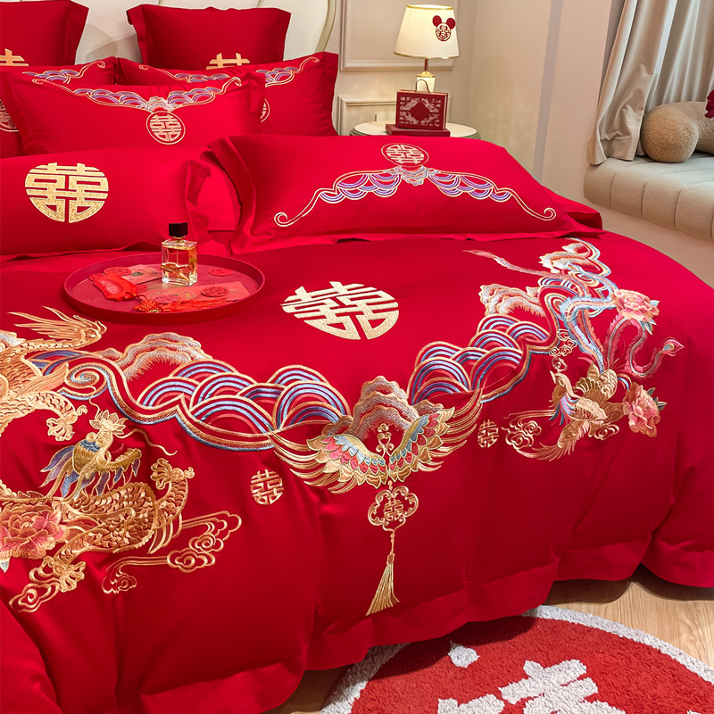 高档中式龙凤刺绣全棉婚庆四件套大红色床单被套纯棉陪嫁结婚床品