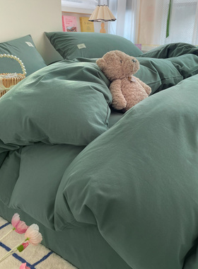 简约全棉水洗棉床上四件套纯棉2024新款床单被套床笠纯色绿色床品