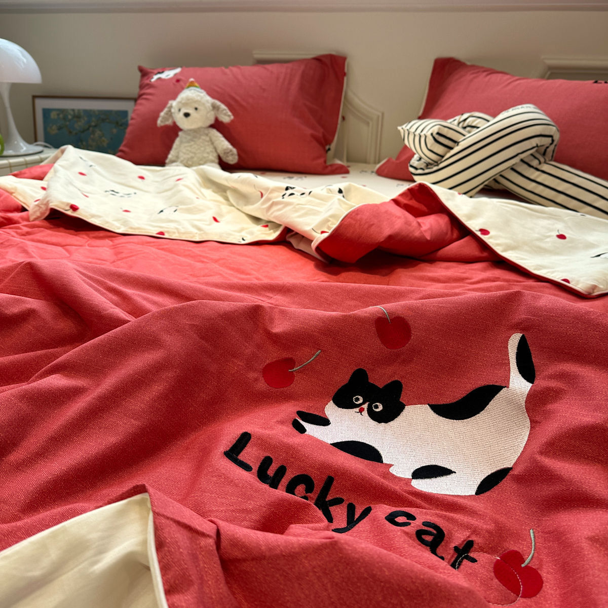 卡通刺绣樱桃小猫夏天儿童夏季夏凉被空调被纯棉全棉可机洗薄被子