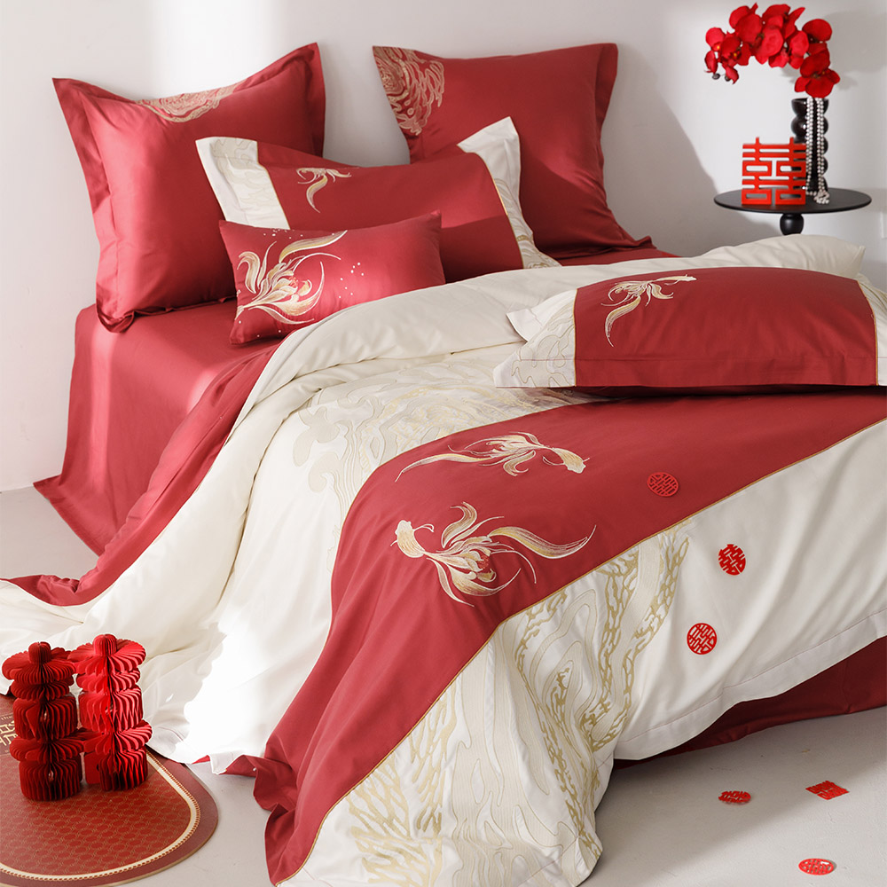 新中式婚庆床品全棉100S长绒棉锦鲤刺绣红色四件套结婚被套床单