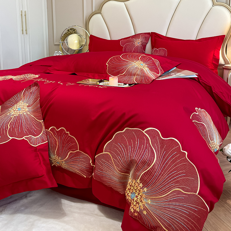 新中式140支全棉刺绣结婚四件套大红色床单被套高端婚庆床上用品4