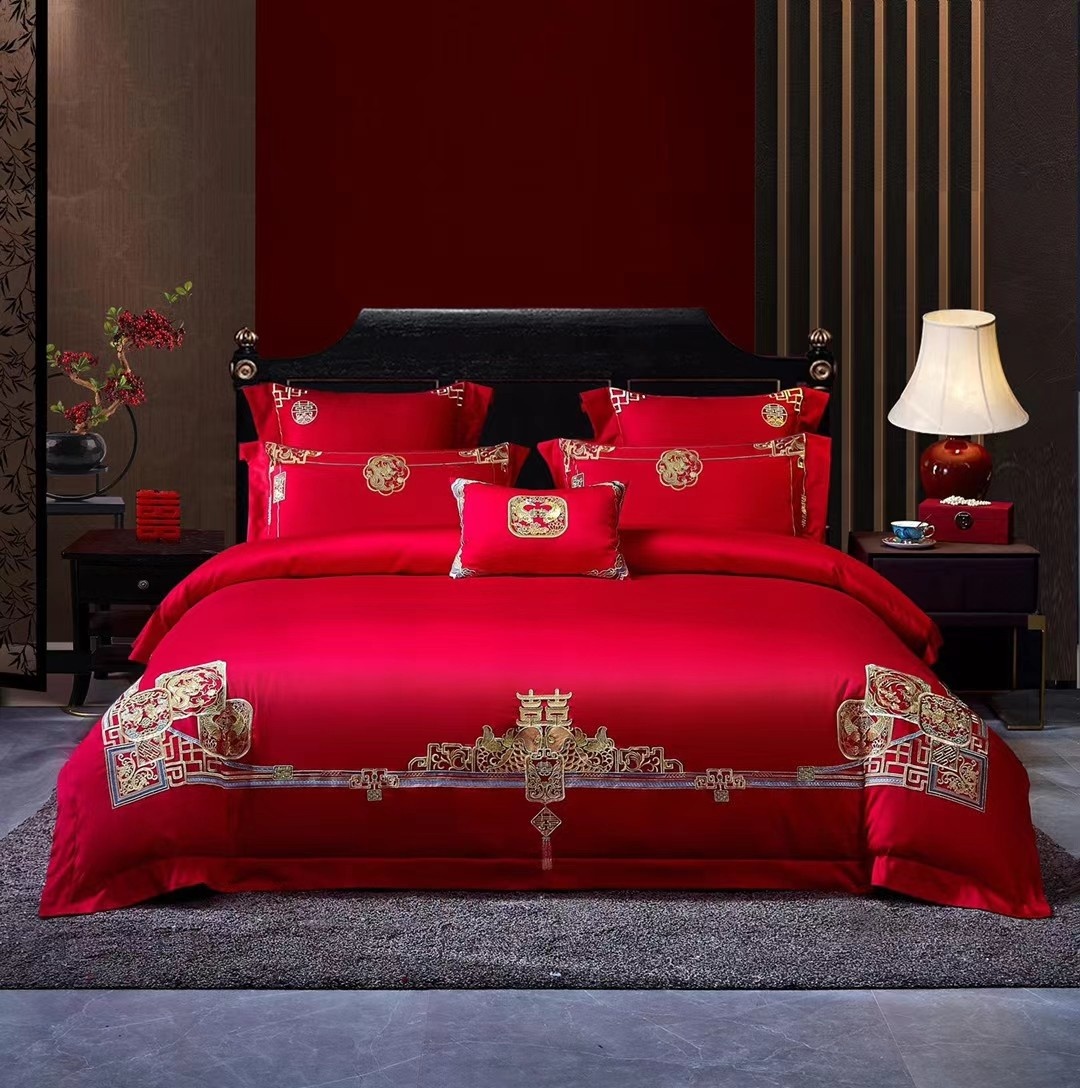 婚庆四件套大红色长绒棉刺绣被套床单六件套双喜结婚中式床上用品