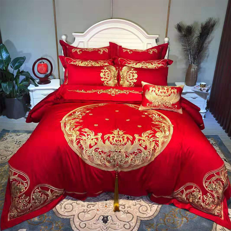 婚庆四件套大红色纯棉刺绣新婚床品结婚六八十全棉床上用品4件套