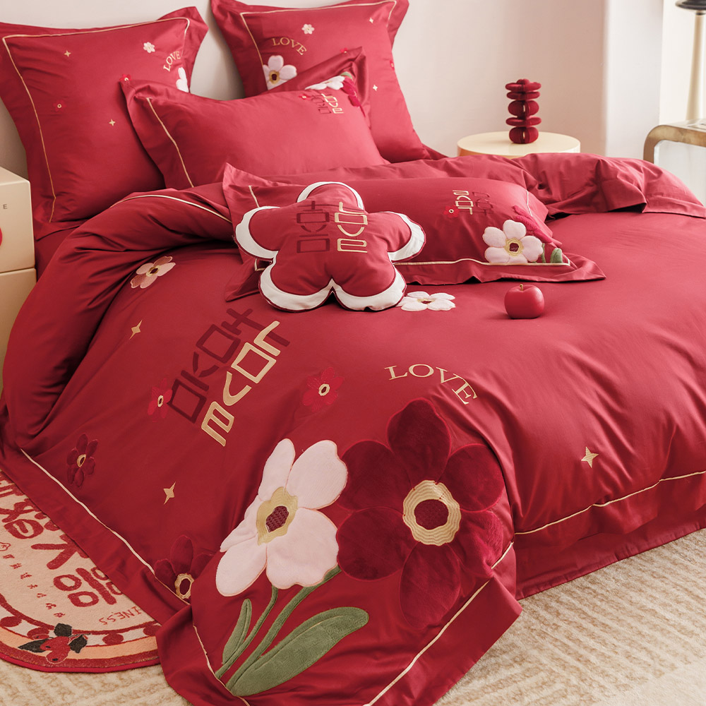 新中式大花婚庆四件套全棉100支贴补刺绣红色结婚被套床单1.8床笠