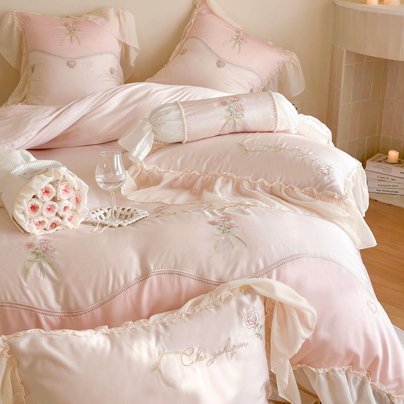 浪漫双面天丝四件套夏季花卉刺绣床上用品冰丝凉感公主风被套床单