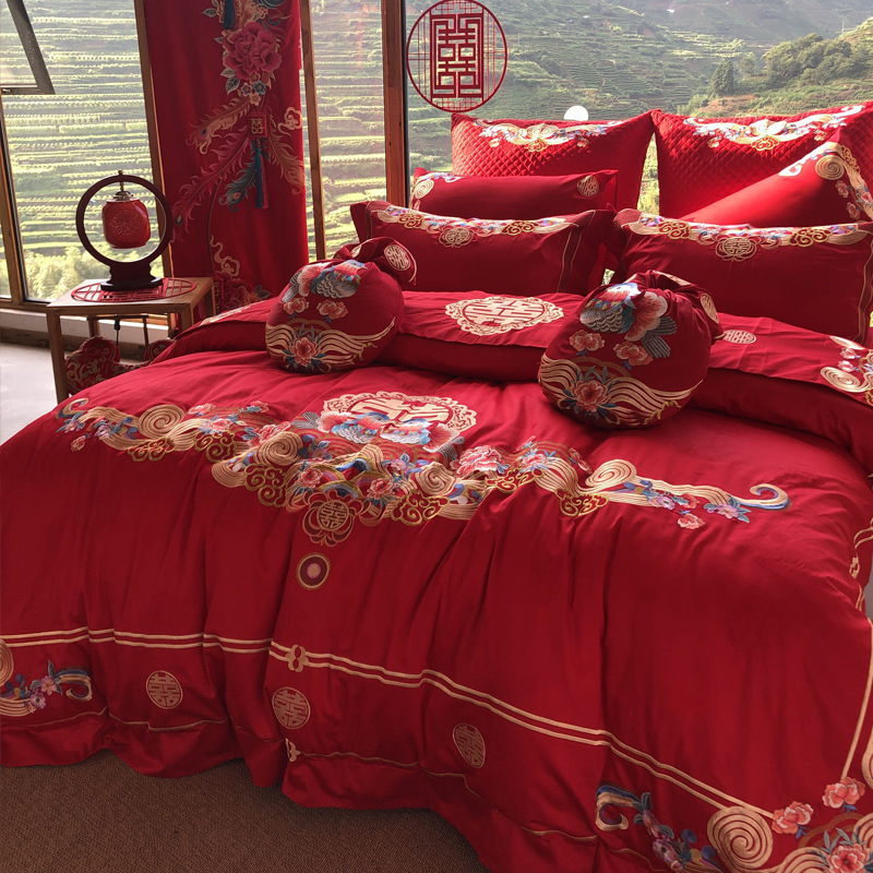 中式婚庆大红色全棉刺绣花床上用品鸳鸯喜被结婚四件套纯棉多件套