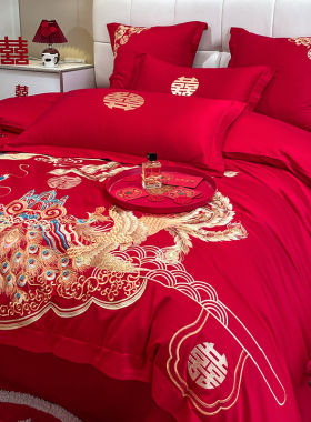 高档新中式纯棉结婚红色四件套龙凤刺绣被套全棉床单婚庆床上用品