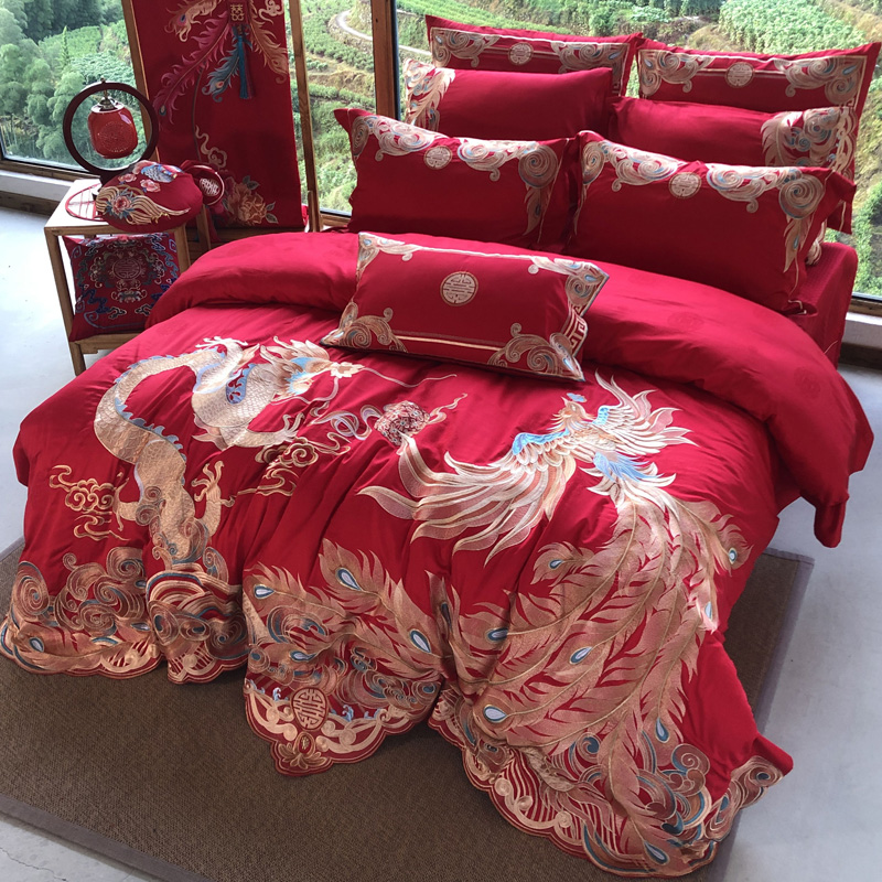 中式传统龙凤婚庆四件套大红色纯棉刺绣结婚长绒全棉被套床上用品