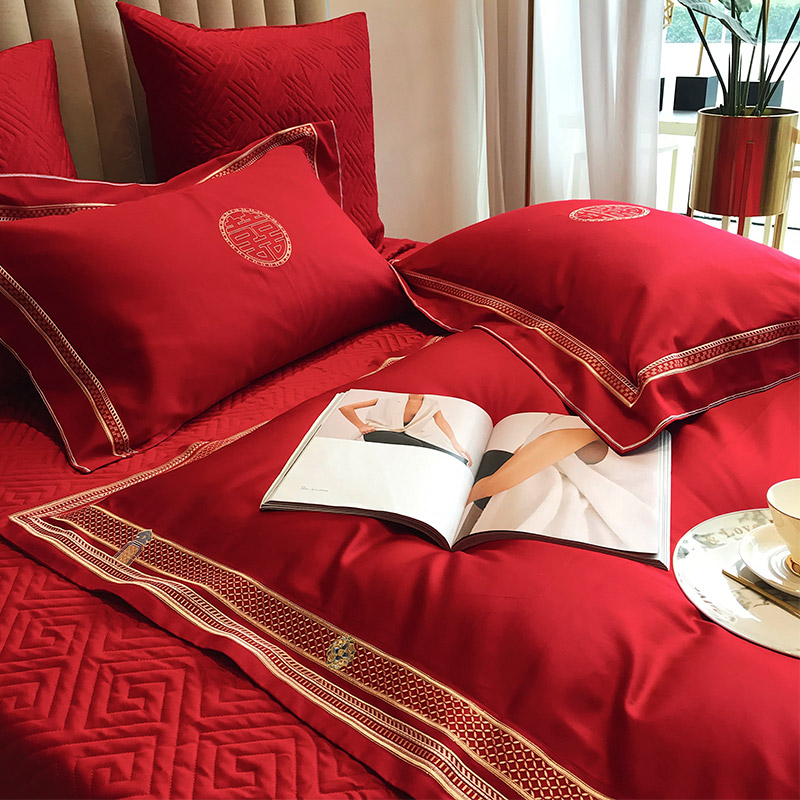 中式婚庆60支长绒棉四件套全棉纯棉古典刺绣被套红色结婚床上用品