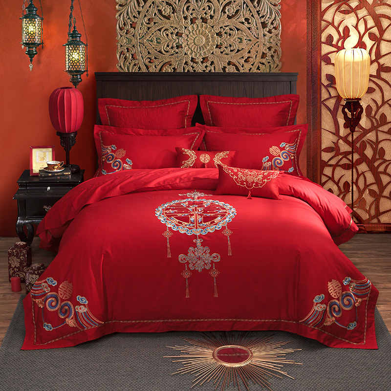 中式刺绣全棉婚庆四件套大红色新婚被套床单纯棉喜被结婚床上用品
