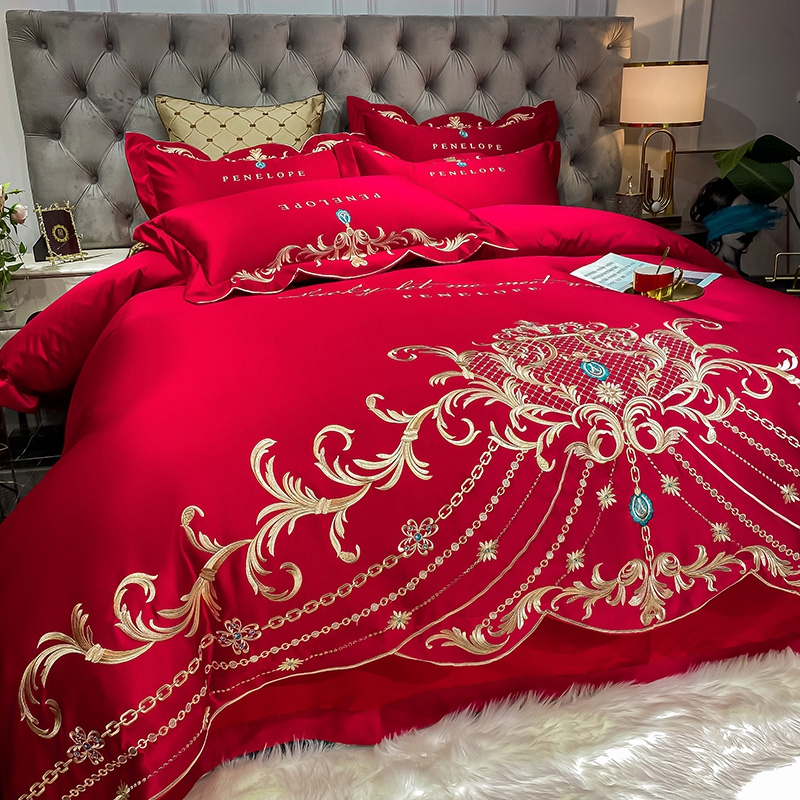 欧式婚庆四件套纯棉大红色床单高档奢华刺绣被套全棉结婚床上用品