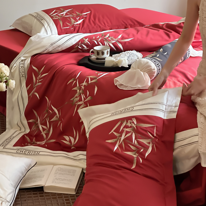 春夏新中式小众婚庆四件套全棉刺绣床上用品红色结婚床单被套纯棉