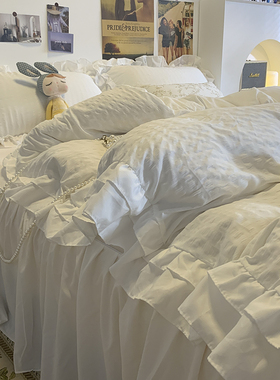 ins韩系纯白少女公主风床上用品四件套床裙床单款被套寝室三件套4