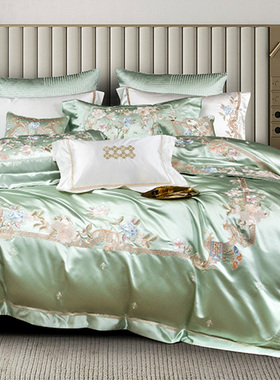 高档刺绣花真丝棉床上用品四件套新中式绿色别墅被套床单多件套