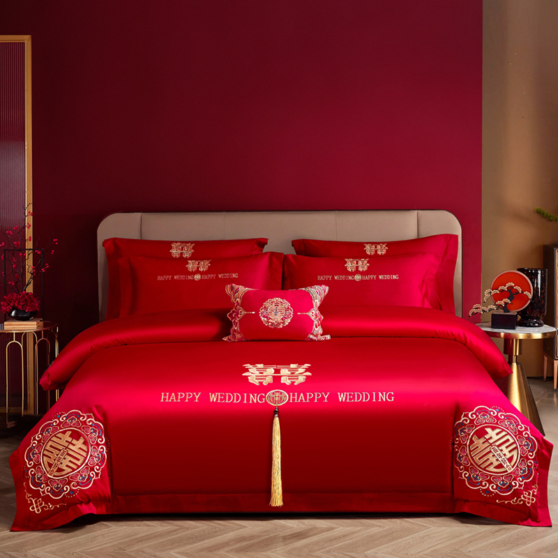 新中式婚庆结婚四件套红色刺绣全棉被套床单喜嫁婚房床上用品床笠