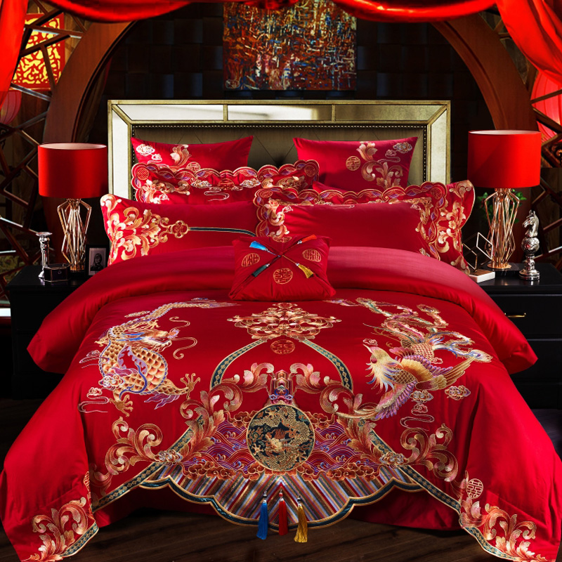 中式大红色纯棉婚庆四件套龙凤刺绣全棉结婚六件套十件套床上用品