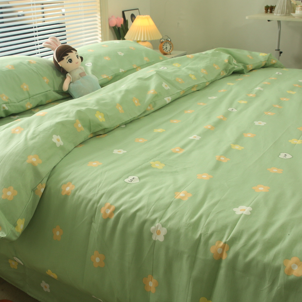 绿色小花朵纯棉四件套全棉学生三件套床单被套床上四季通用款床笠