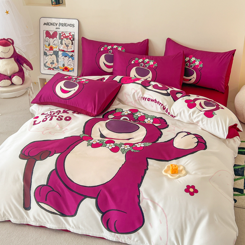 迪士尼草莓熊冰丝四件套床上用品男孩女孩被套床单三件套儿童床品