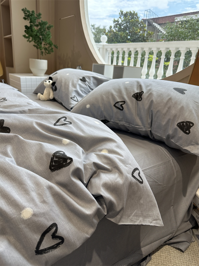 高级灰色爱心床上用品四件套全纯棉1.5m1.8米宿舍被套床单三件套