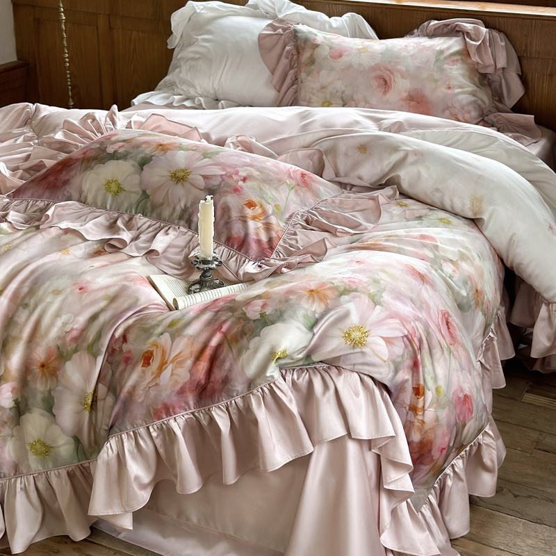 法式复古浪漫莱赛尔天丝棉四件套公主风凉感丝滑花边被套床单少女
