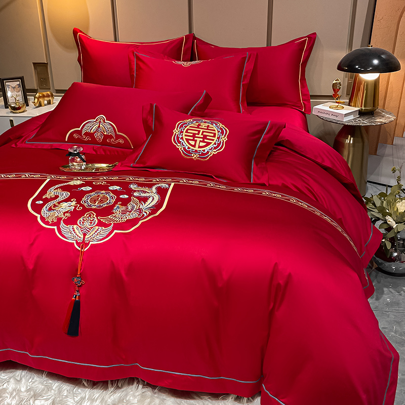 中式婚庆四件套婚嫁纯棉大红色简约刺绣结婚全棉床上用品被套床单