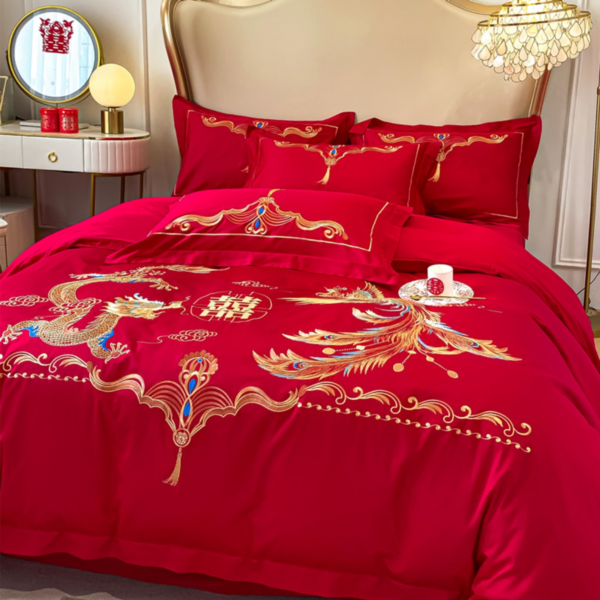 高档中式结婚四件套大红色床单被套纯棉龙凤刺绣婚庆床上用品婚房