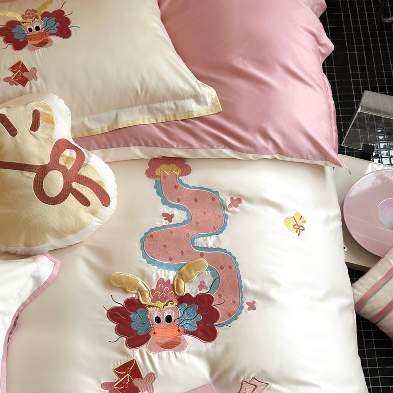 限定暴富粉色龙刺绣四件套高档100支长绒棉床单被套纯棉床上用品