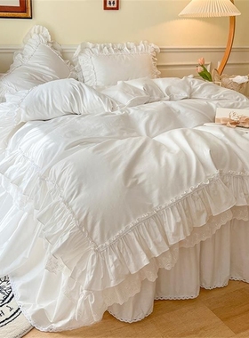 法式高档纯棉白色床单被套床上四件套100全棉网红公主风床裙款夏4