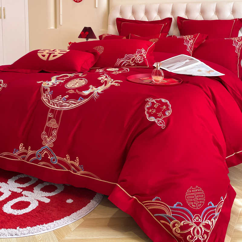 高档中式结婚四件套大红色床单被套纯棉陪嫁婚庆床上用品婚房喜被