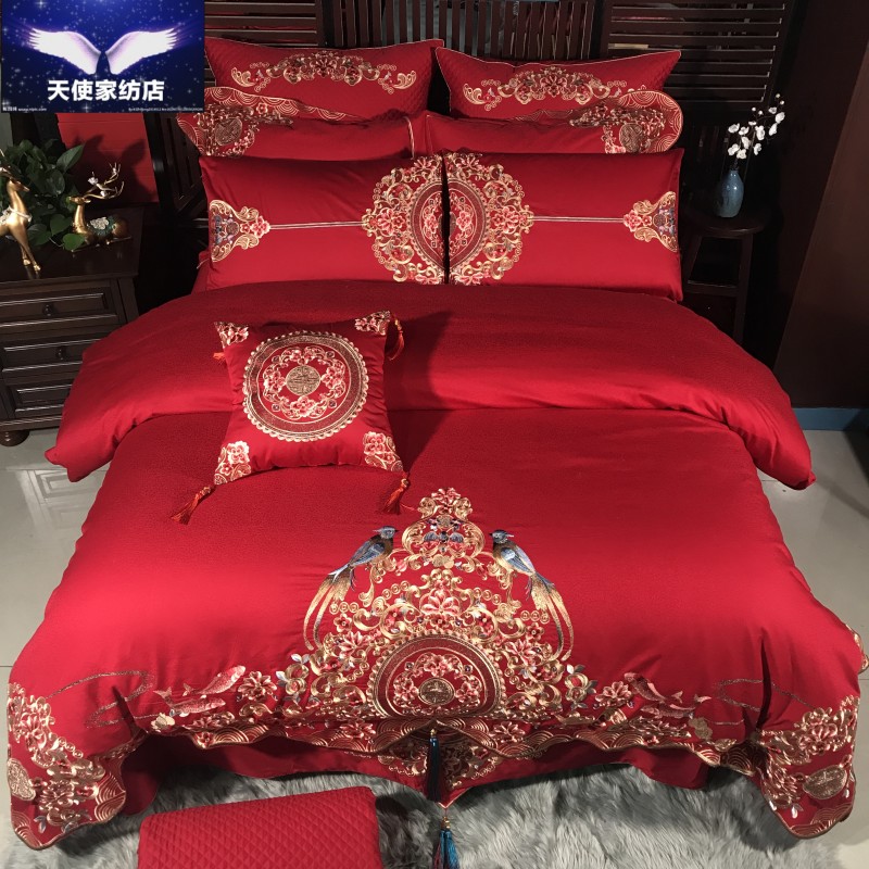 中国风喜被100支长绒棉婚庆十件套大红全棉结婚四六件套床上用品