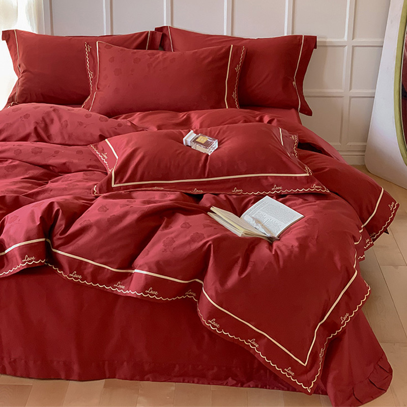 高端100s四件套纯棉长绒棉提花被套床单大红色轻奢风纯色床上用品