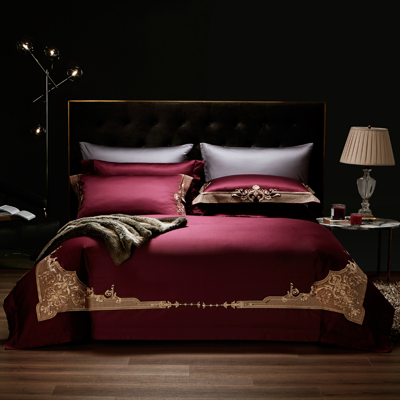 酒红色婚庆四件套纯棉床单被套结婚140支全棉新疆棉1.8米床上用品