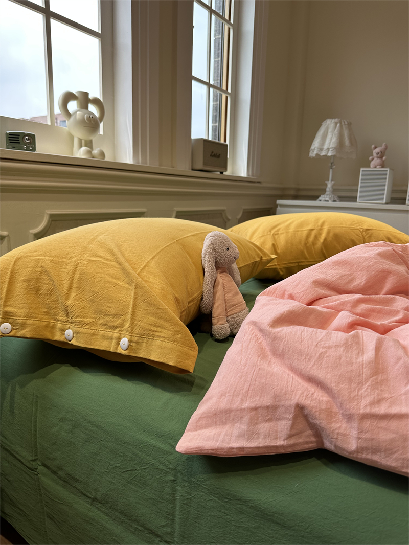 日式简约黄色纽扣枕套粉色被套绿色床单床上色织水洗四件套全纯棉