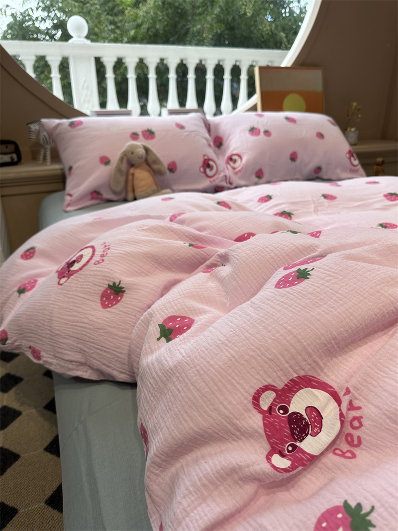 皱皱双层纱少女草莓熊粉床上四件套全棉1.5m1.8米母婴级被套卡通