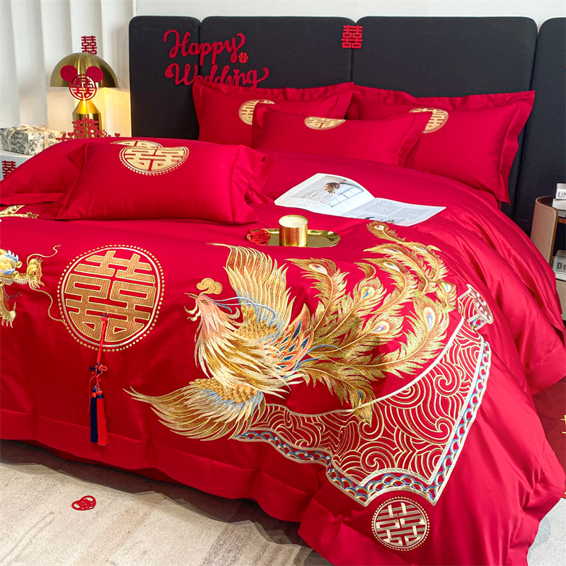 高档中式龙凤牡丹刺绣结婚四件套婚嫁红被套纯棉婚庆喜被床上用品