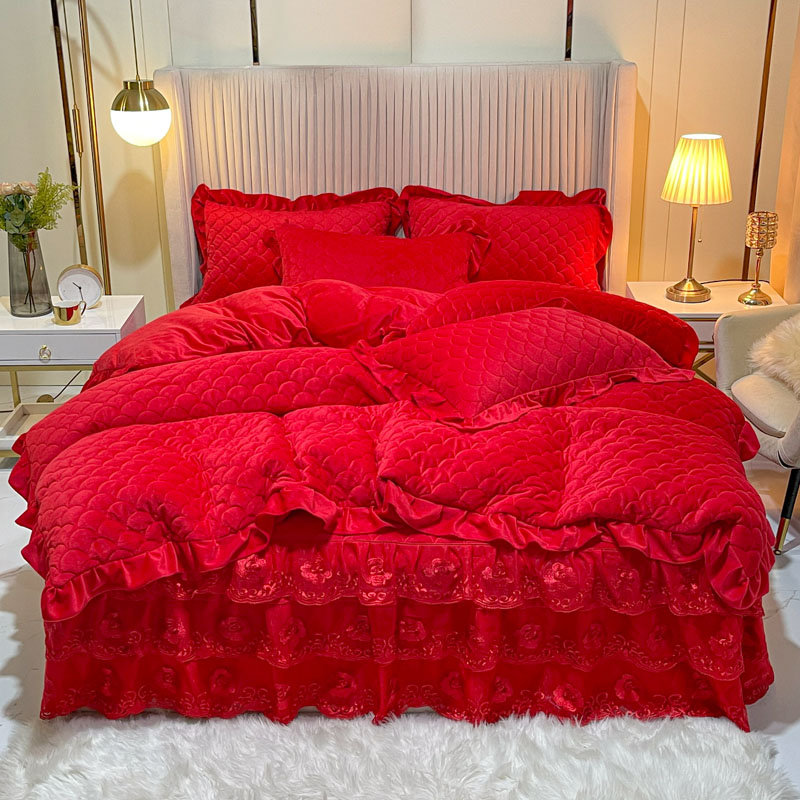 冬季床上珊瑚绒夹棉加厚床裙四件套结婚庆大红色床罩法兰绒纯色被