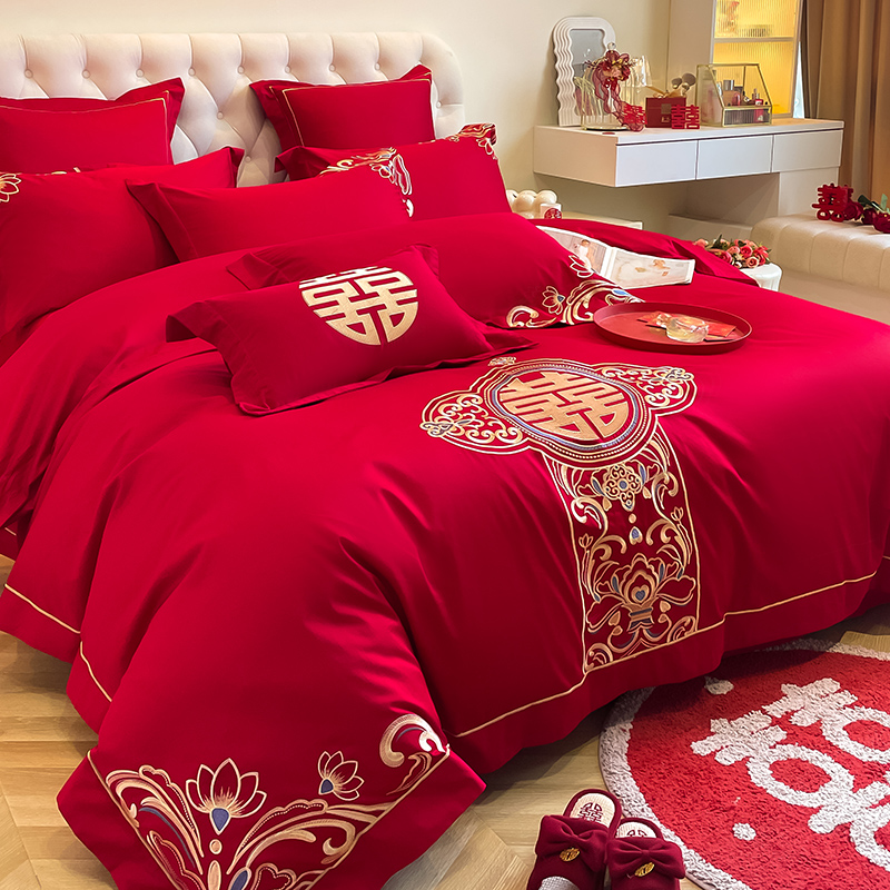 高端中式龙凤刺绣婚庆四件套大红色新婚纯棉六件被套结婚床上用品