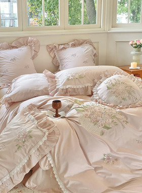 法式少女浪漫100支长绒棉全棉四件套复古花刺绣蕾丝被套床上用品