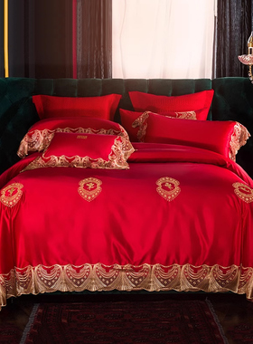 高端简奢新品中欧式婚庆八件套 高精密贡缎刺绣大红结婚床上用品