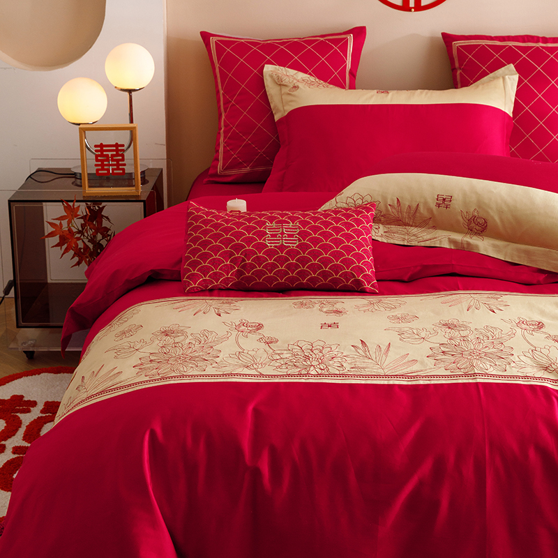 新中式婚庆红色100支长绒棉四件套双喜刺绣拼接被套全棉床上用品