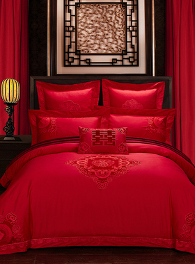 床上用品全棉刺绣四件套新婚庆纯棉套件大红色喜被被套中式风结婚