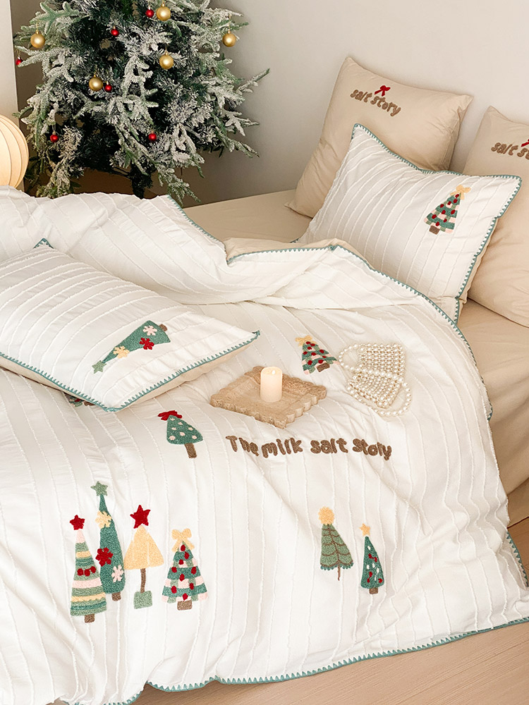 恒洽家纺全棉水洗棉床单四件套圣诞树毛巾绣纯棉被套清新床上用品