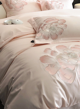180支纯棉轻奢花卉刺绣四件套全棉被套床单床罩高档被套床上用品4
