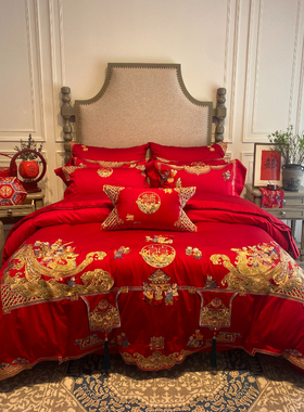 大红婚庆百子图四件套结婚红色婚嫁六十件套高端刺绣新婚床上用品