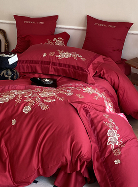 新中式轻奢刺绣花结婚庆全棉床上四件套100S纯棉红双人喜被套床单