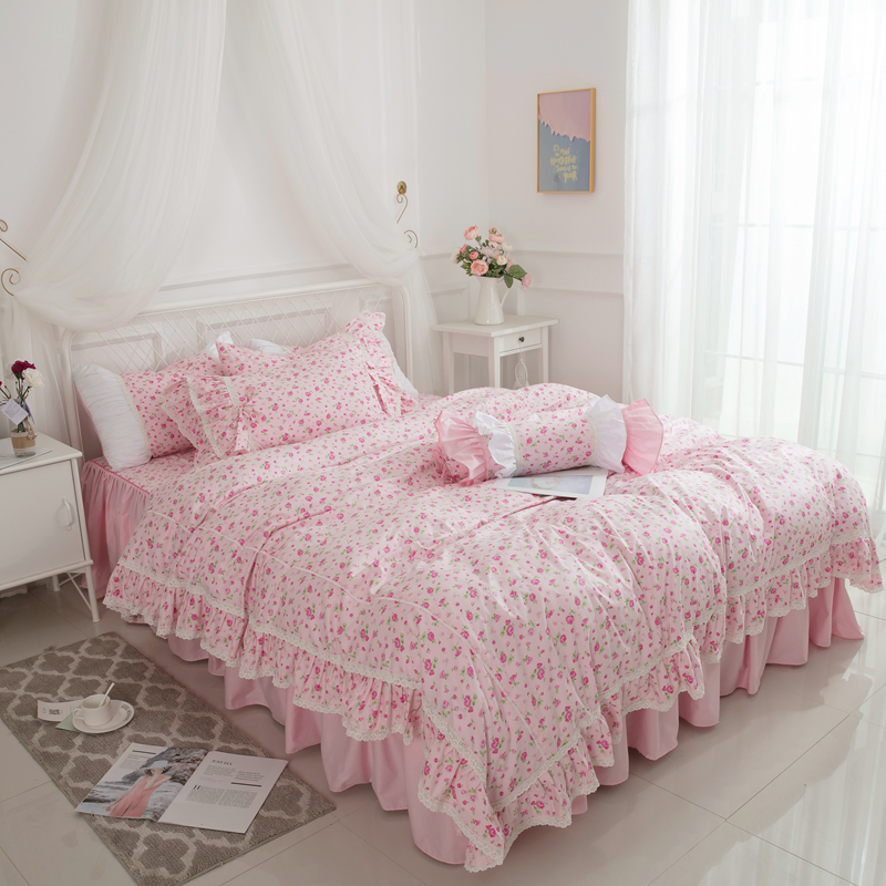少女心韩式纯棉四件套公主风蕾丝边床上用品1.8m网红全棉被套床单